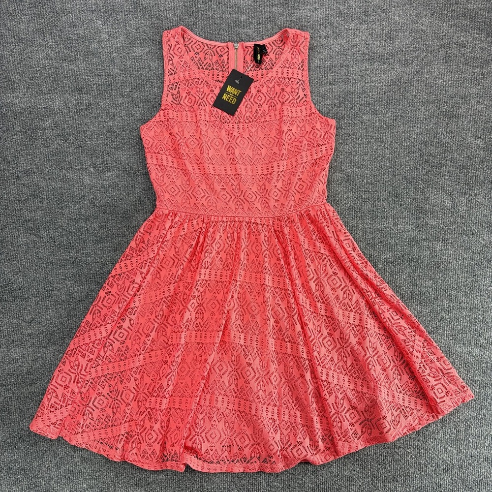 NWT Want and Need Coral Pink Lace Sleeveless Fit Flare Dress Med Wedding Bright